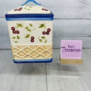 Inspirado CHERRIES Hand Painted Basket Weave Large Stonelite Clay 10" Cookie Jar